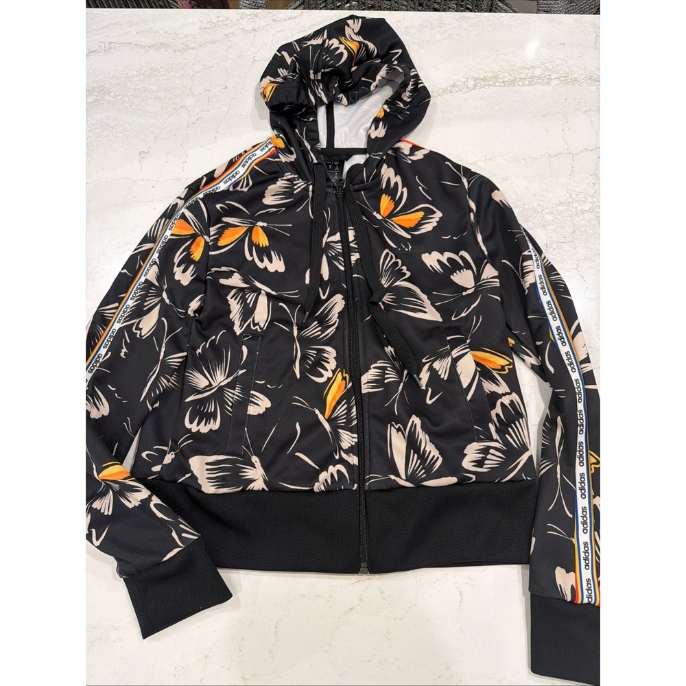 Adidas Farm Rio Jacket Womens XS Black Butterfly Print Zip Hooded Track